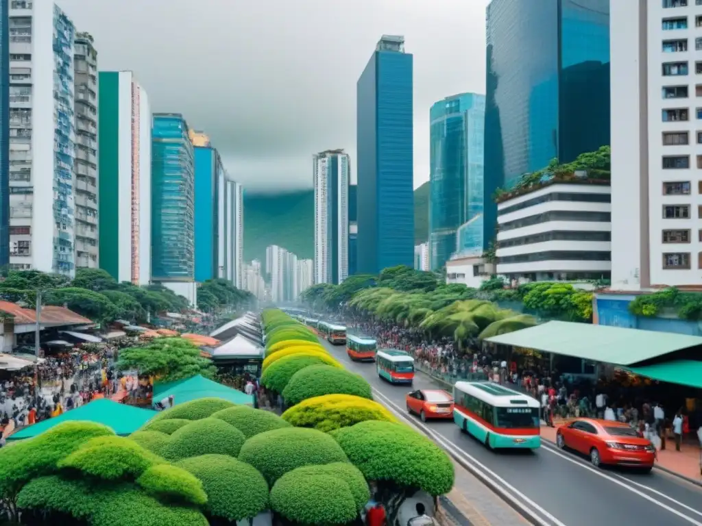 Metrópolis moderna en América Latina: conexión digital y vida urbana Vibrante ciudad latinoamericana con rascacielos modernos y naturaleza exuberante, reflejando la conexión digital en el mercado inmobiliario