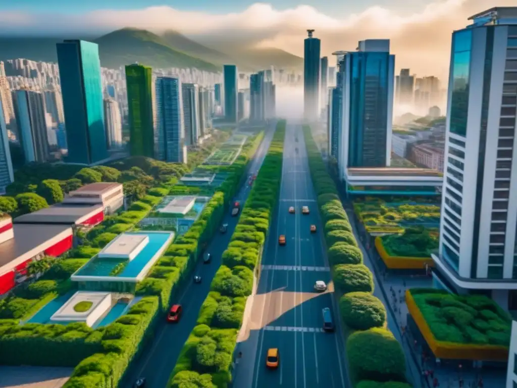 Metrópolis vibrante: panorámica moderna y diversa en Latinoamérica Vibrante ciudad latinoamericana con rascacielos modernos, vegetación exuberante y gente diversa disfrutando de actividades