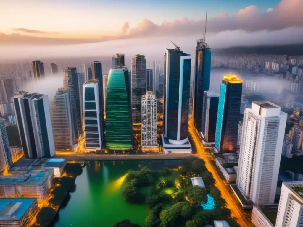 Metrópolis moderna: ciudad latinoamericana con tecnología futurista y verde Vibrante ciudad latinoamericana con tecnología en mercado inmobiliario América
