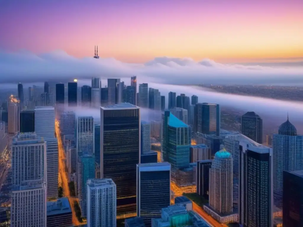 Horizonte urbano vibrante al anochecer: luces, diversidad y oportunidades Vibrante ciudad al anochecer, reflejando luces de rascacielos y diversidad demográfica urbana