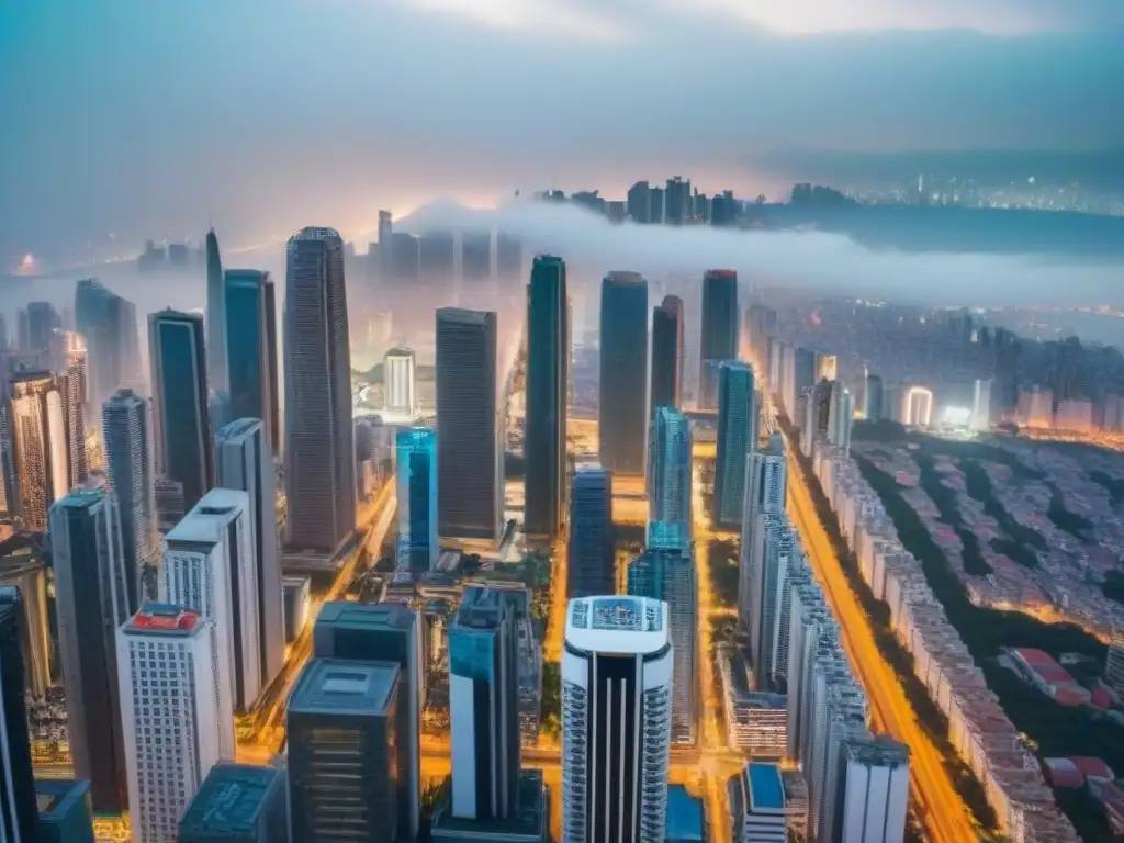 Panorama urbano vibrante: crecimiento económico en mercado emergente Vibrante ciudad en mercado emergente con modernos rascacielos y arquitectura tradicional