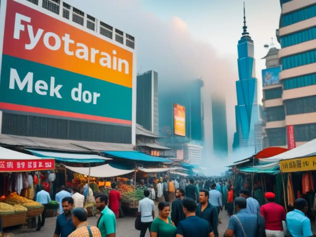 Mercado emergente: ciudad vibrante y diversa Vibrante ciudad en mercado emergente con rascacielos y arquitectura tradicional, gente en negocios