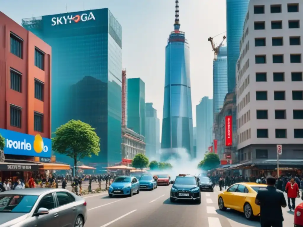 Metrópolis en crecimiento: modernidad y tradición en mercado emergente Vibrante ciudad en mercado emergente con rascacielos en construcción y diversidad urbana