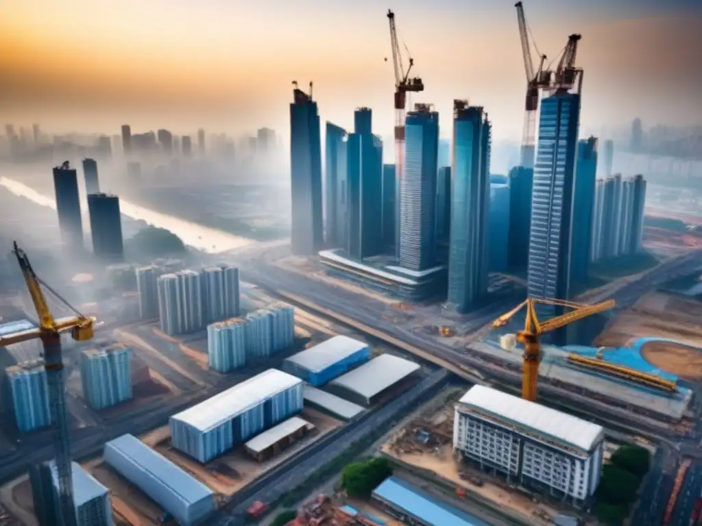 Metrópolis emergente: símbolo de crecimiento en bienes raíces Vibrante ciudad en mercado emergente con fusiones inmobiliarias y rascacielos, reflejando crecimiento y desarrollo