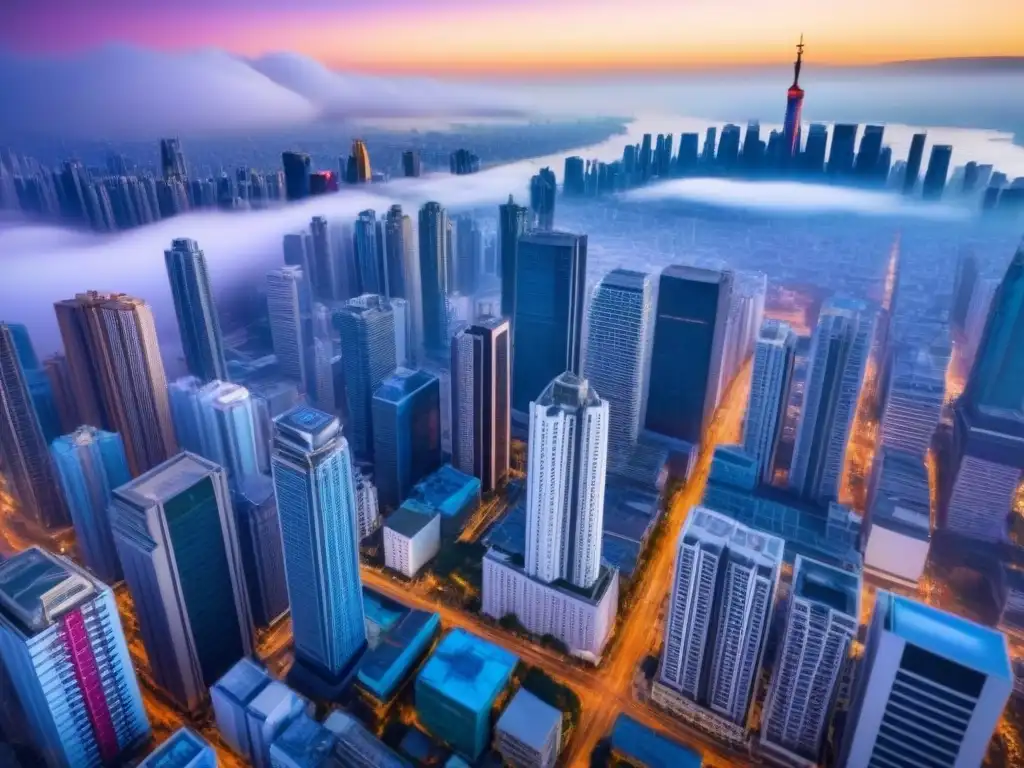 Metrópolis emergente: paisaje urbano vibrante y diverso Vibrante ciudad en mercado emergente con rascacielos y arquitectura tradicional, simbolizando el potencial de Inversiones inmobiliarias en mercados emergentes