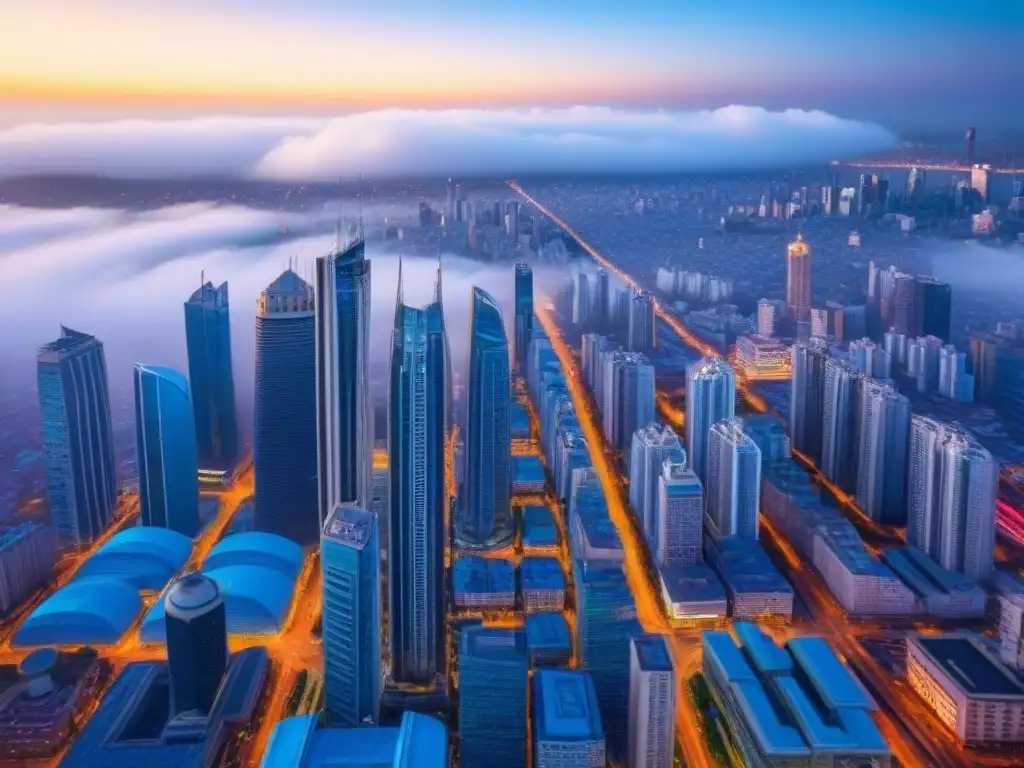 Vibrante ciudad emergente: oportunidades de negocios Vibrante ciudad en mercado emergente, con rascacielos, mercados coloridos y arquitectura mixta bajo cielo azul