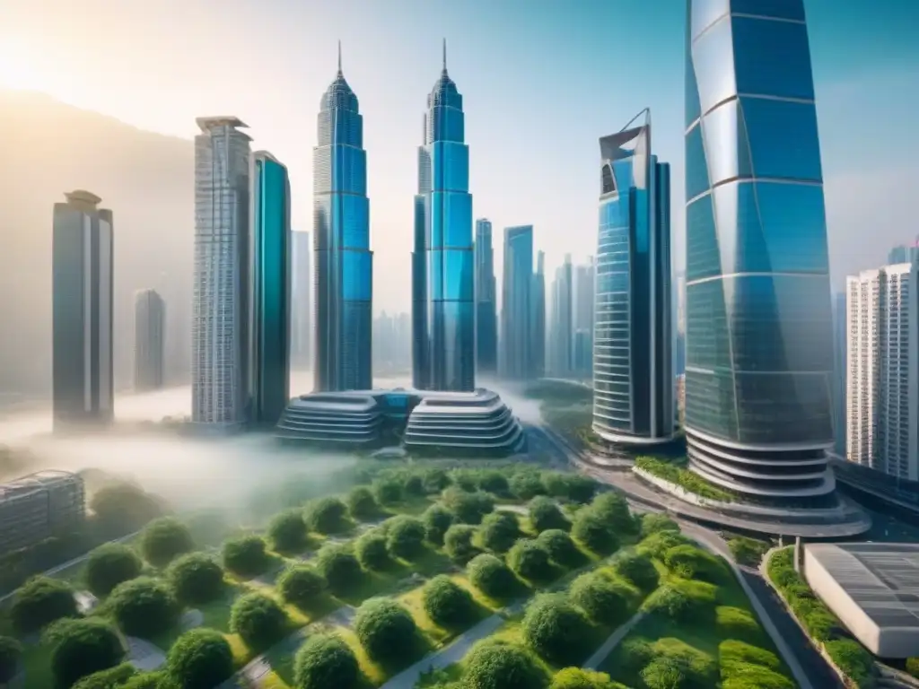 Metrópolis futurista: real estate crowdfunding en mercados emergentes Vibrante ciudad en mercado emergente: rascacielos futuristas, naturaleza, diversidad, luz cálida