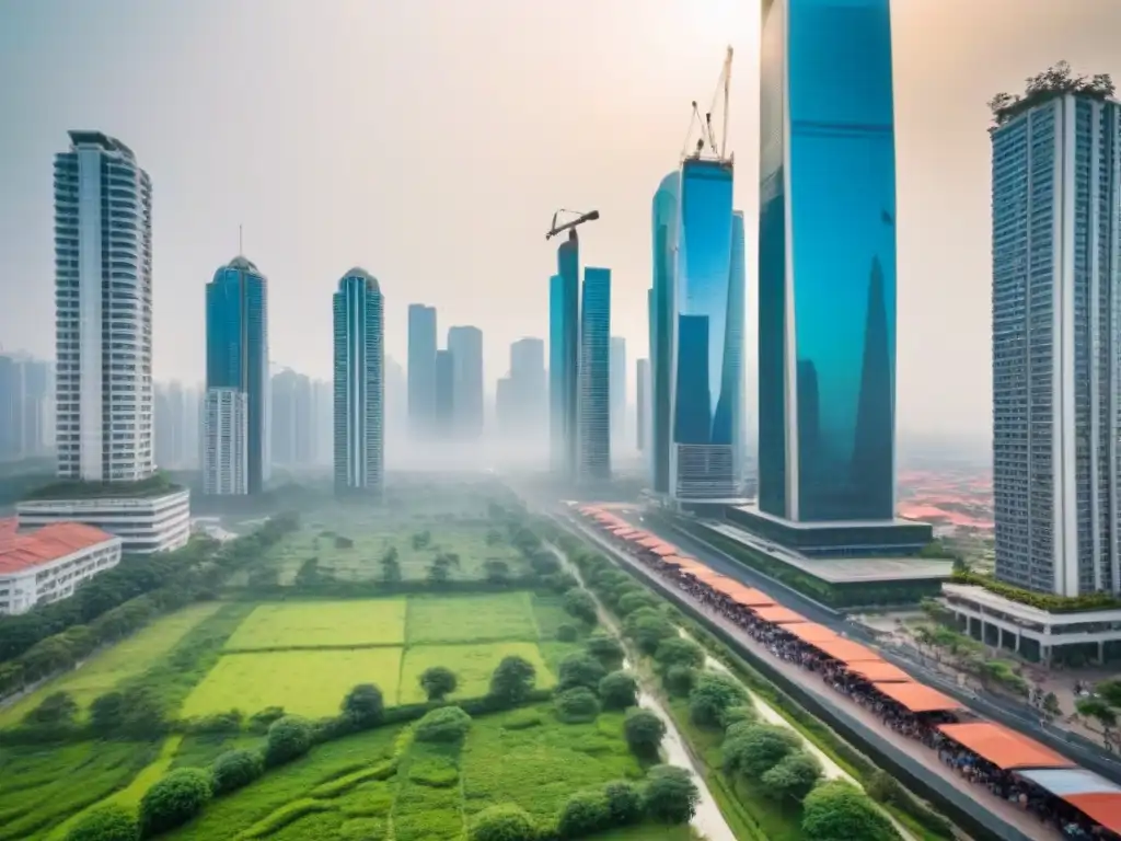 Metrópolis emergente: crecimiento urbano y oportunidades Vibrante ciudad en mercado emergente con mezcla arquitectónica y áreas verdes