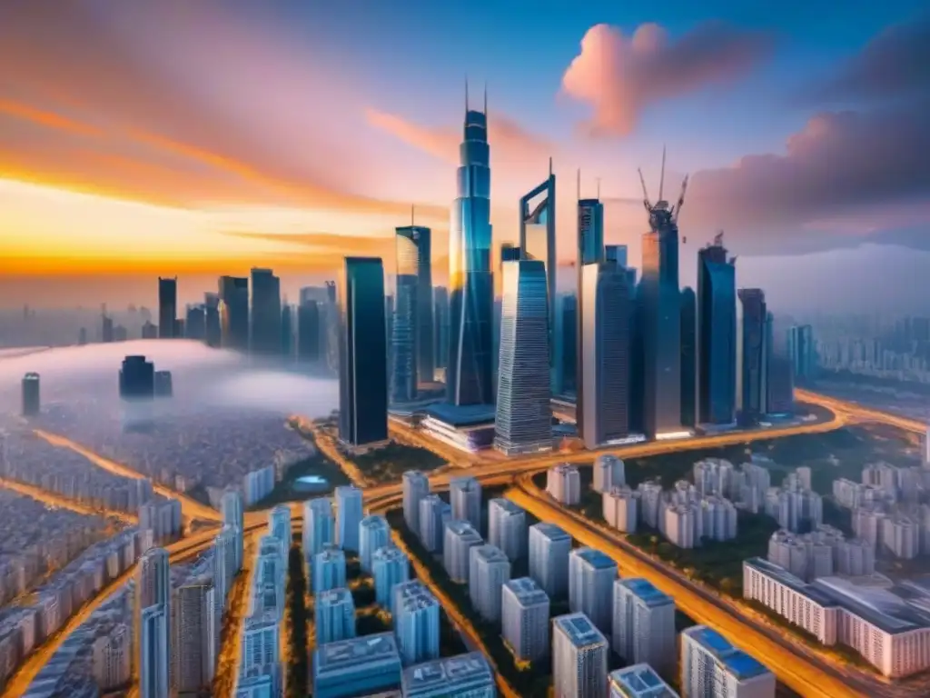 Horizonte urbano vibrante en mercado emergente: oportunidades de inversión Vibrante ciudad en mercado emergente con rascacielos, calles con gente diversa y moderna infraestructura