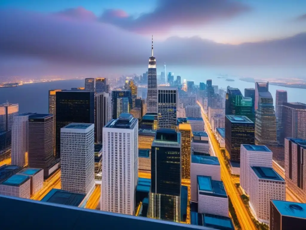 Horizonte urbano nocturno en 8k: prosperidad y diversidad Vibrante ciudad al anochecer con mercado inmobiliario próspero