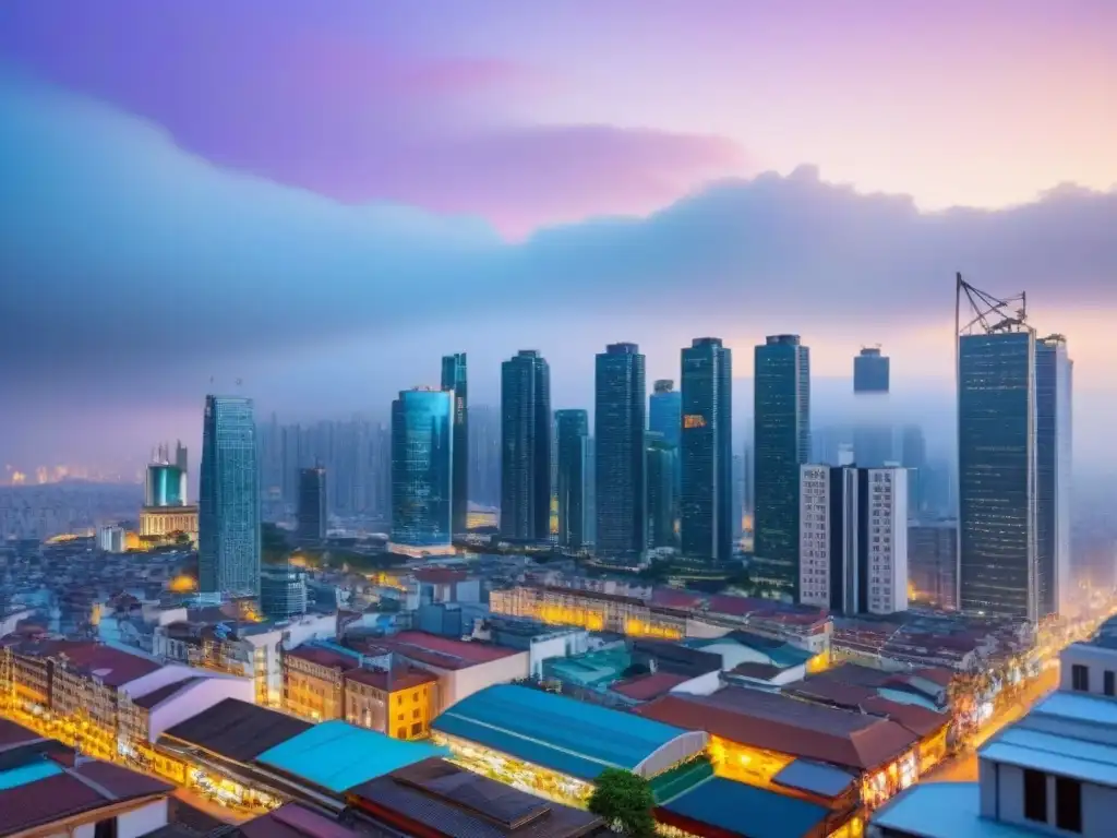 Skyline vibrante de ciudad en desarrollo: oportunidades de inversión Vibrante ciudad en mercado inmobiliario emergente, con rascacielos modernos y edificios tradicionales, reflejando oportunidades de inversión
