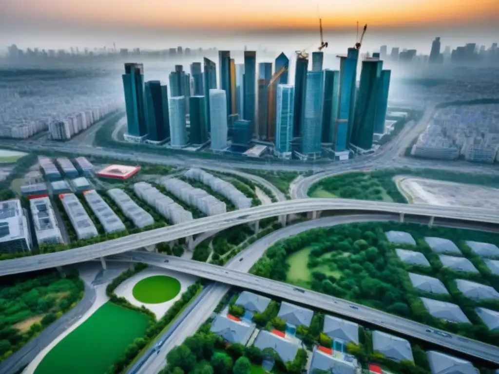 Metrópolis emergente: crecimiento urbano y oportunidades de inversión Vibrante ciudad en mercado inmobiliario emergente, con rascacielos, complejos residenciales y edificios comerciales