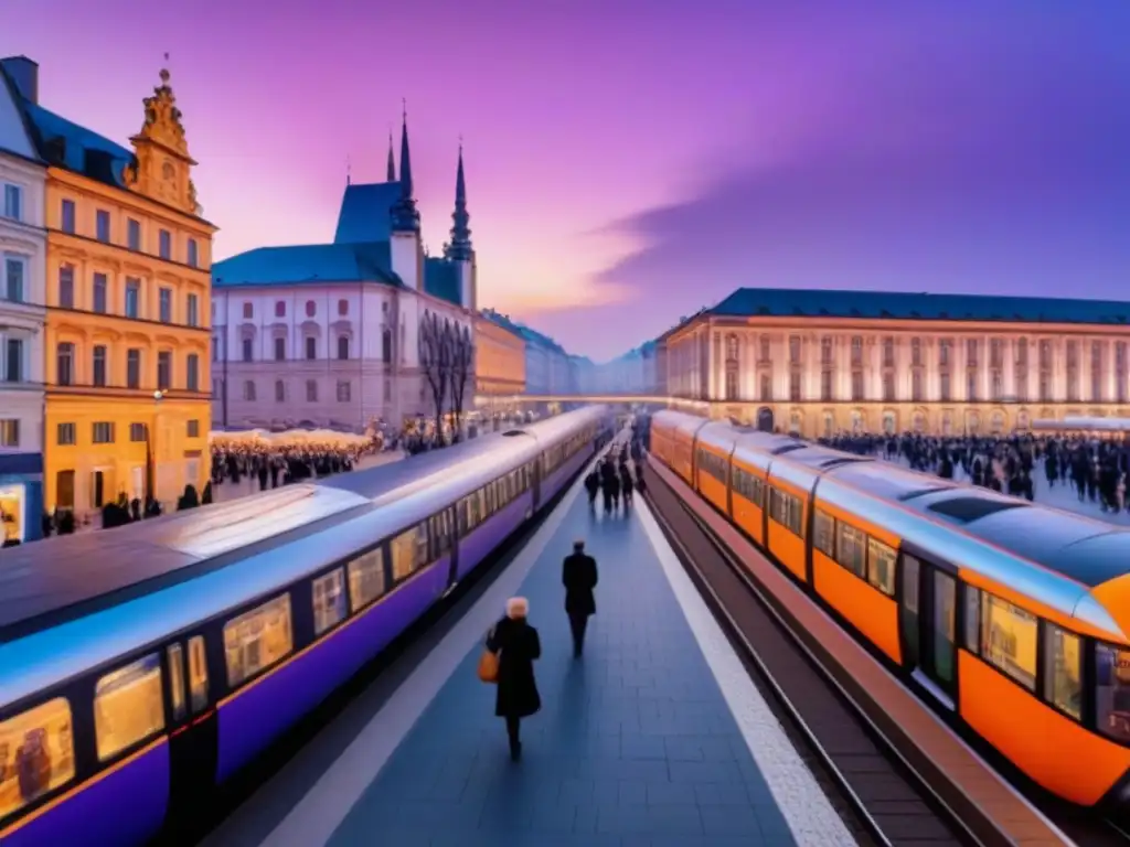 Cityscape vibrante: mercado histórico y tren moderno al atardecer Vibrante ciudad de Europa del Este: mercado inmobiliario, tradición y progreso bajo políticas gubernamentales