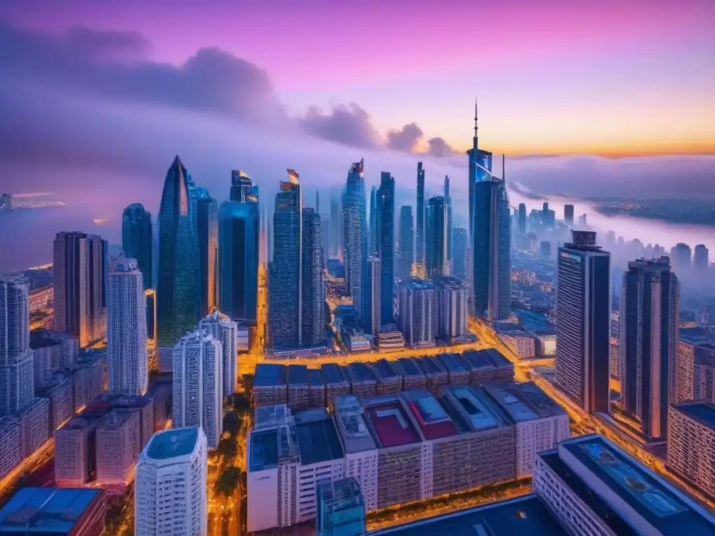 Cityscape emergente: luces neon en mercado inmobiliario en crecimiento Vibrante ciudad en mercado inmobiliario emergente, con rascacielos iluminados por luces neón futuristas al anochecer