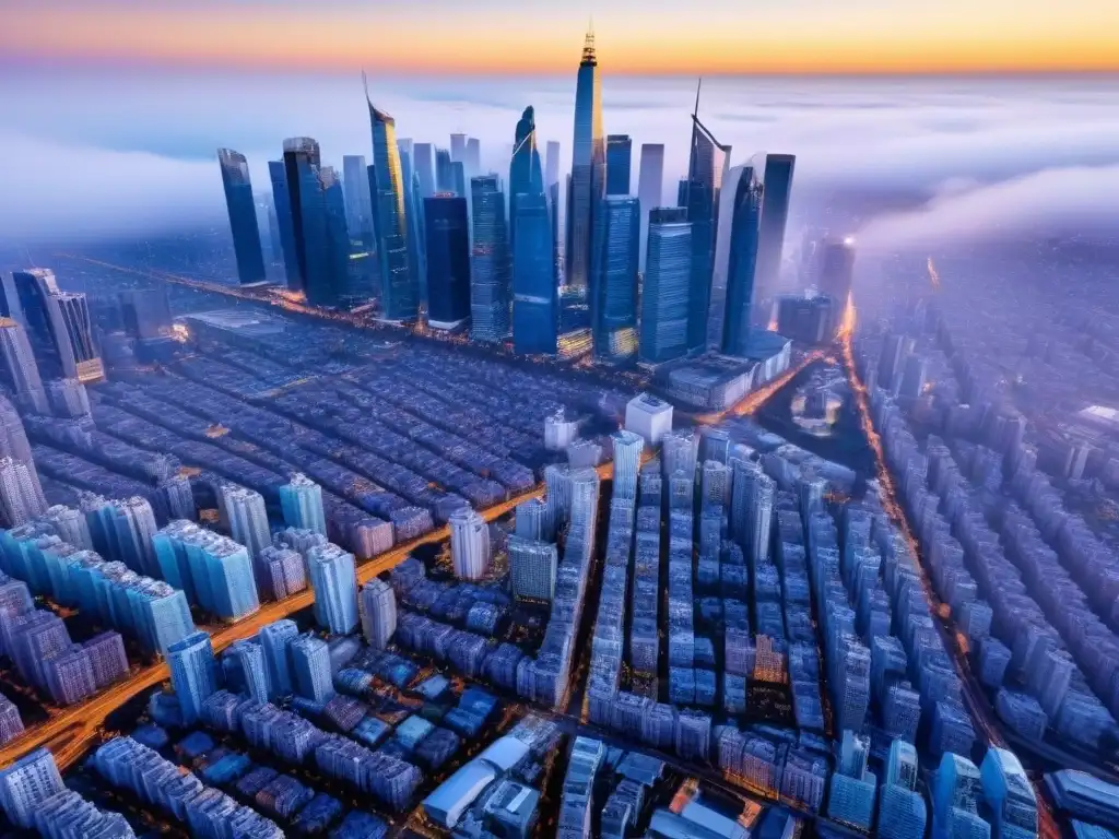 Vista aérea impresionante de una ciudad emergente en crecimiento Vibrante ciudad en mercados emergentes: rascacielos, arquitectura, mercados y transporte