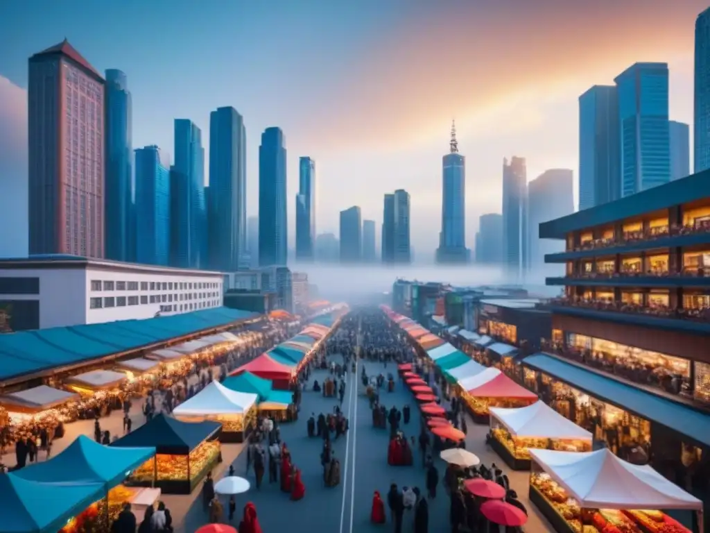 Cityscape vibrante: mercado emergente en 8k Vibrante ciudad en mercados emergentes con modernos rascacielos y arquitectura tradicional, reflejando diversidad cultural y oportunidades