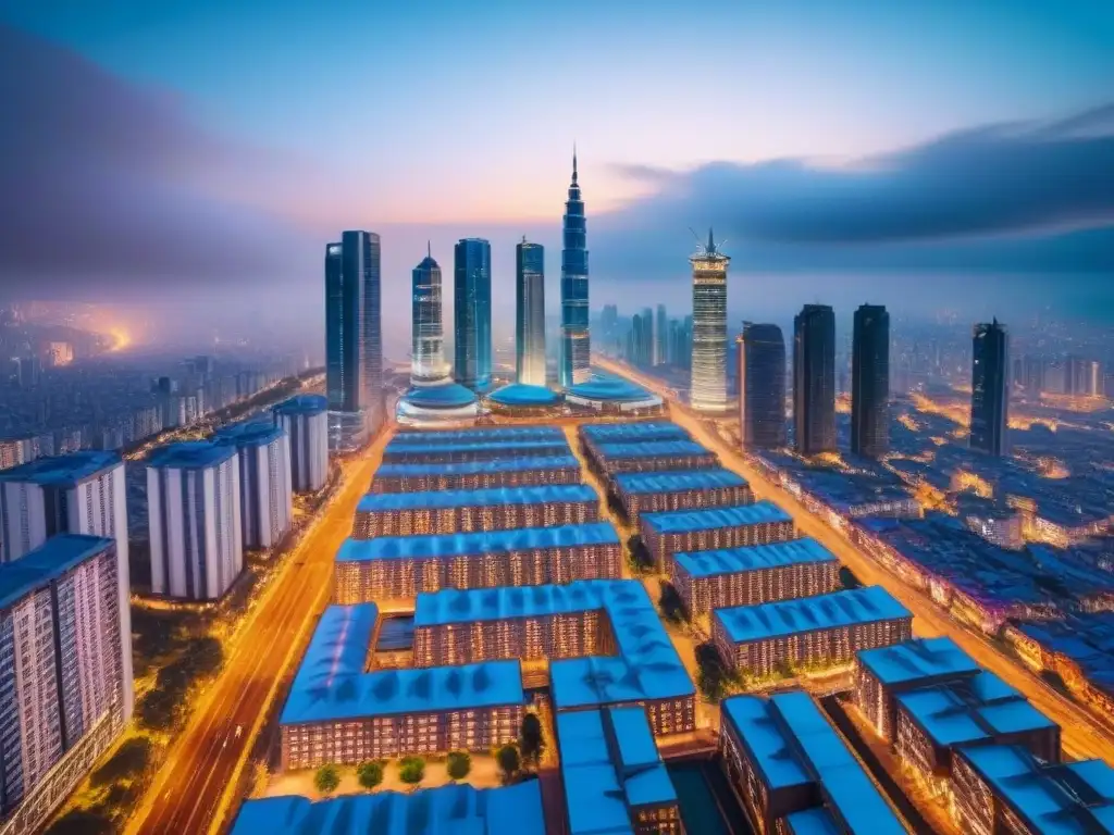 Mercado inmobiliario emergente: ciudad dinámica con rascacielos y tradición Vibrante ciudad en mercados emergentes: rascacielos futuristas, arquitectura tradicional, mercados callejeros y profesionales ocupados