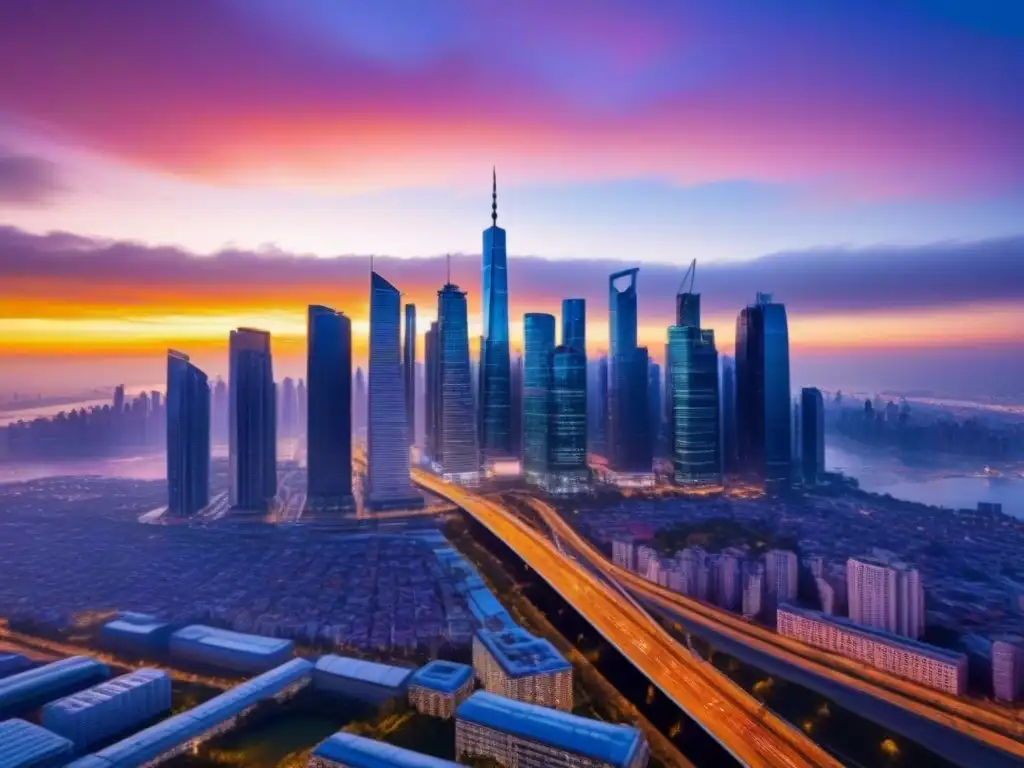 Horizonte urbano dinámico en mercado emergente: oportunidades de inversión Vibrante ciudad en mercados emergentes inversión inmobiliaria internacional al atardecer