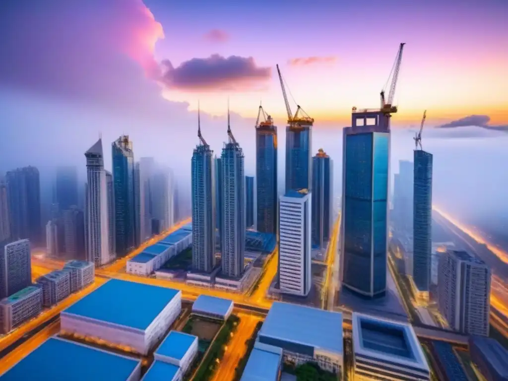 Metrópolis vibrante: oportunidades inmobiliarias en mercados emergentes Vibrante ciudad en mercados emergentes con rascacielos, calles bulliciosas y grúas de construcción, simbolizando inversión inmobiliaria internacional