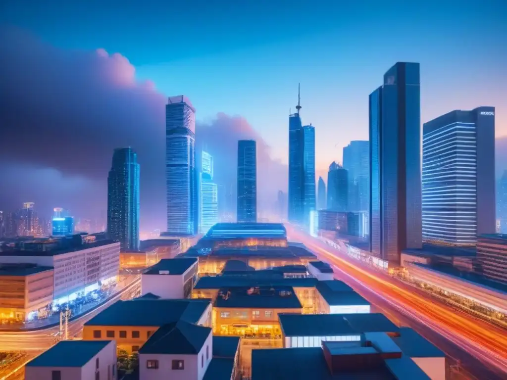 Cityscape vibrante en mercado emergente: luces, rascacielos y diversidad Vibrante ciudad en mercados emergentes con rascacielos, calles llenas de gente y luces de neón