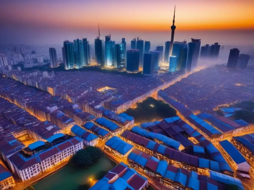 Espléndida vista aérea de una ciudad emergente: crecimiento y oportunidad Vibrante ciudad en mercados emergentes, con rascacielos y arquitectura tradicional al atardecer