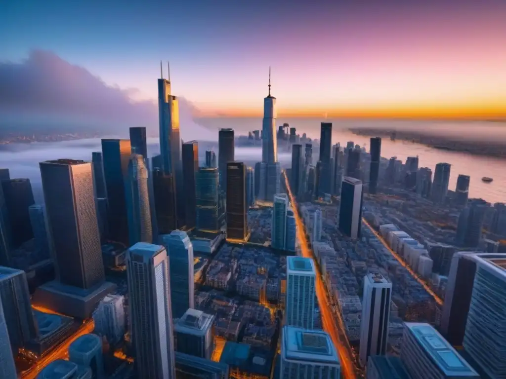 Horizonte urbano en mercado emergente: mezcla de tradición y modernidad Vibrante ciudad en mercados emergentes con rascacielos modernos y gente diversa, reflejando inversiones inmobiliarias internacionales
