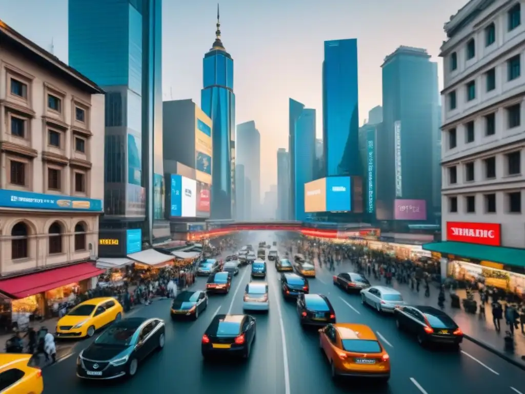 Real estate due diligence en mercados emergentes: energía y complejidad Vibrante ciudad en mercados emergentes, reflejando la complejidad de la due diligence inmobiliaria