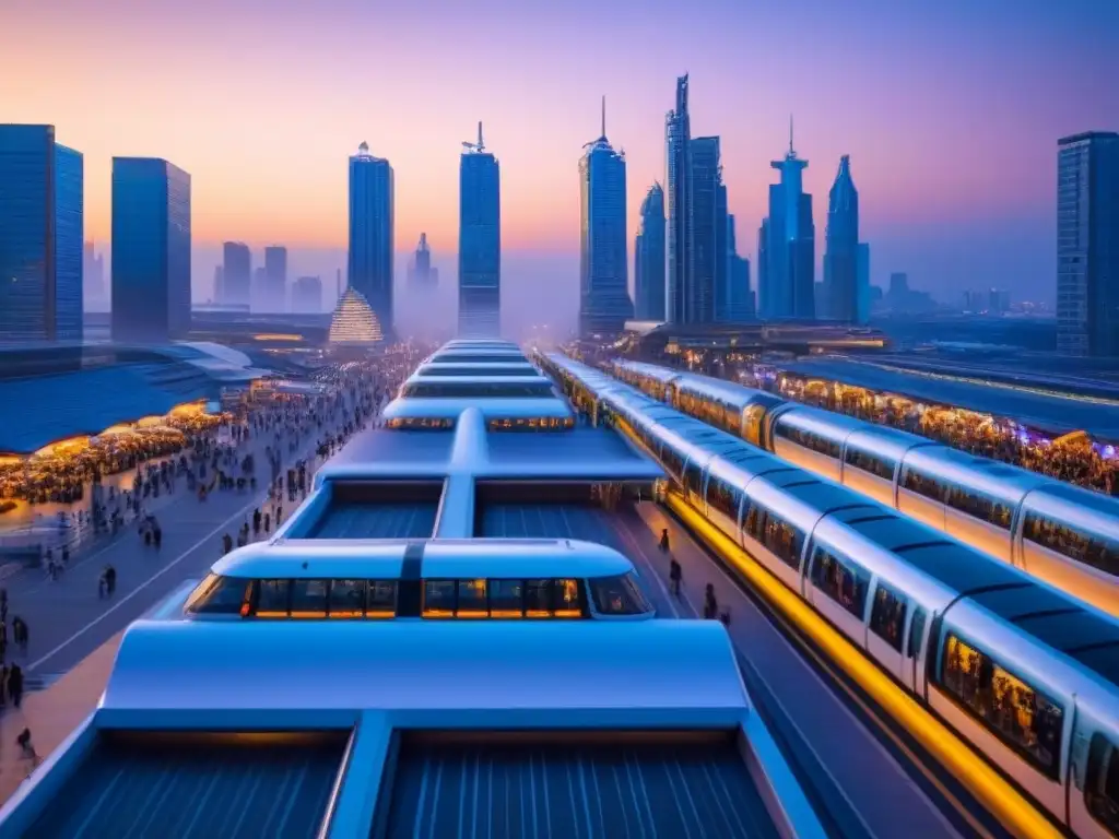 Metrópolis futurista: mercado bullicioso y skyline iluminado Vibrante ciudad al anochecer con mercados inmobiliarios emergentes internacionales