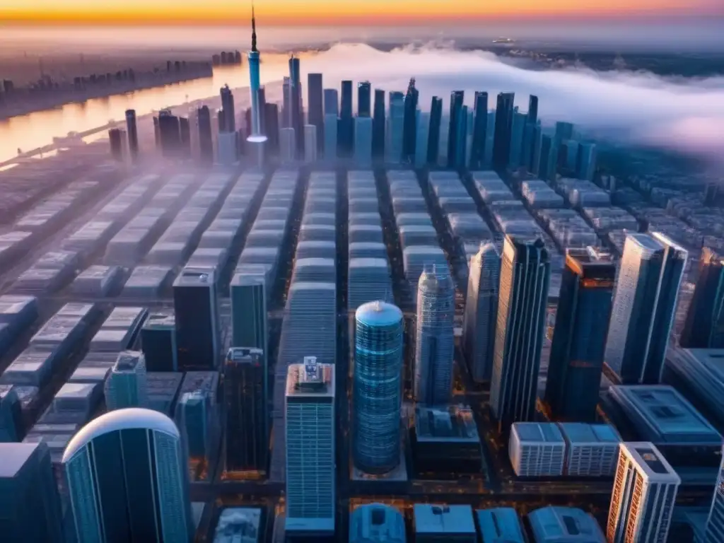 Cityscape futurista: crecimiento y oportunidad en mercado inmobiliario Vibrante ciudad con mercados inmobiliarios emergentes bajo riesgo, reflejando progreso y oportunidad al atardecer