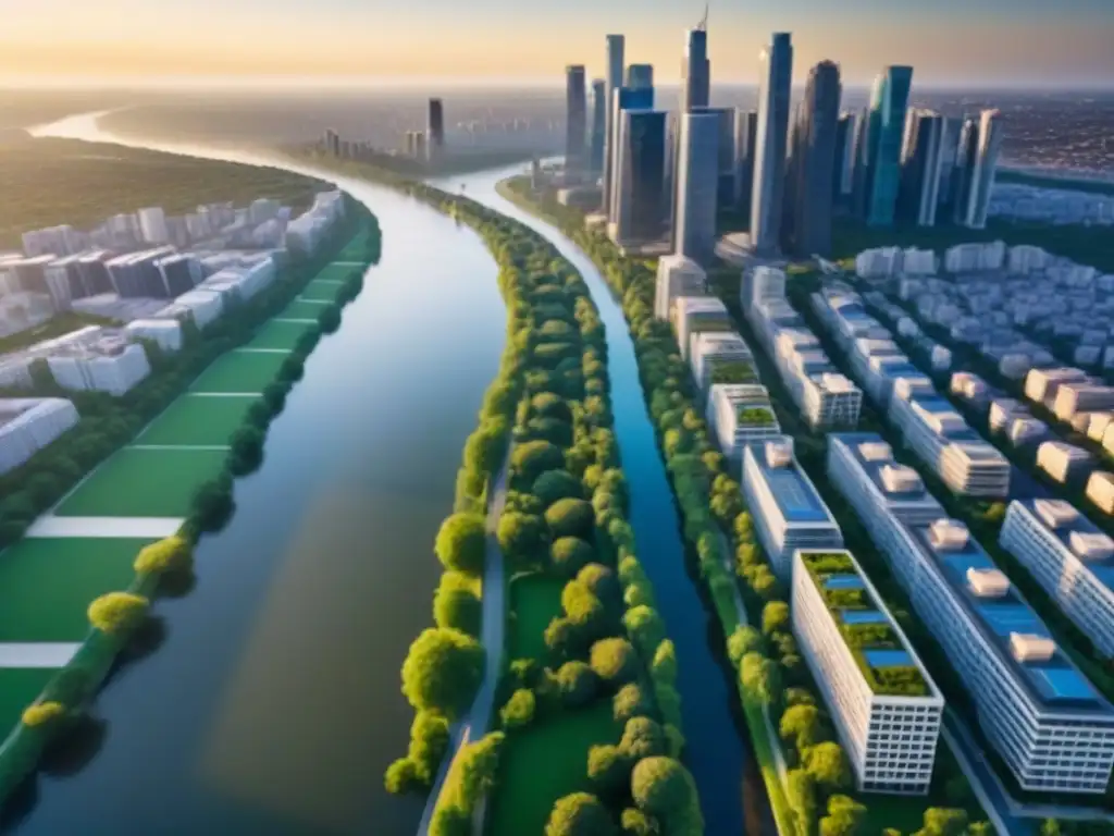 Alba radiante: ciudad moderna y próspera en 8k Vibrante ciudad al amanecer, reflejando mercados inmobiliarios emergentes bajo riesgo