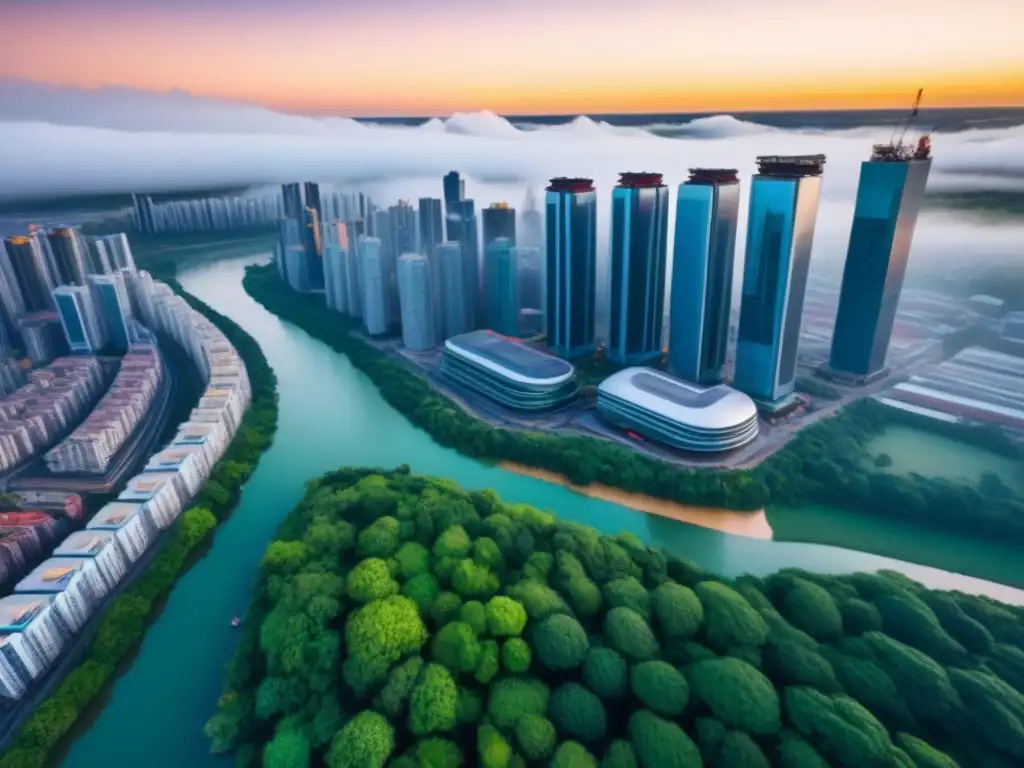 Metrópolis emergente: crecimiento urbano vibrante Vibrante ciudad de mercados inmobiliarios emergentes, con rascacielos y naturaleza, reflejando crecimiento urbano