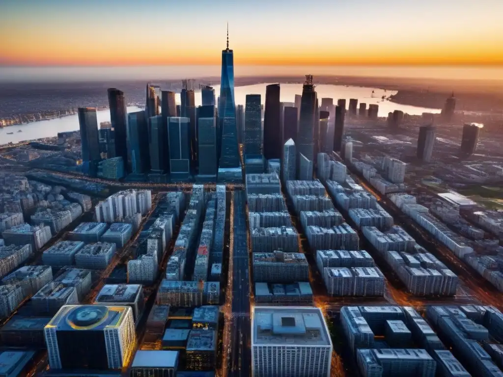 Metrópolis moderna al atardecer: luces, sombras y energía urbana Vibrante ciudad metropolitana al atardecer, con rascacielos y calles llenas de autos