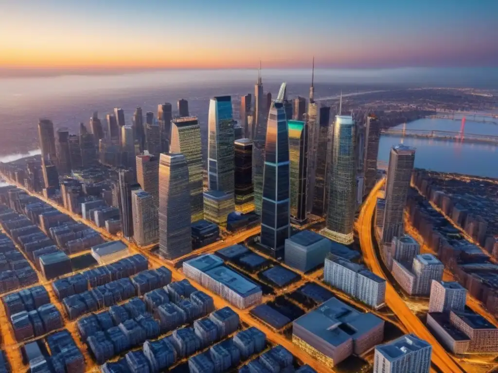 Metrópolis vibrante: rascacielos, autopistas y diversidad arquitectónica al atardecer Vibrante ciudad metropolitana al atardecer