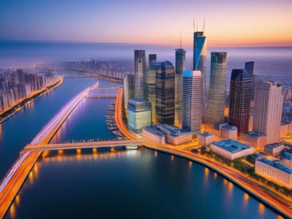 Espléndida ciudad metropolitana al atardecer Vibrante ciudad metropolitana al anochecer, con impacto de luces en río, ideal para inversiones inmobiliarias