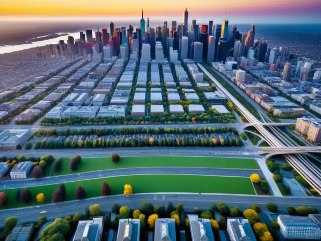 Metrópolis vibrante al atardecer en América del Norte Vibrante ciudad metropolitana norteamericana con desarrollos inmobiliarios y áreas verdes