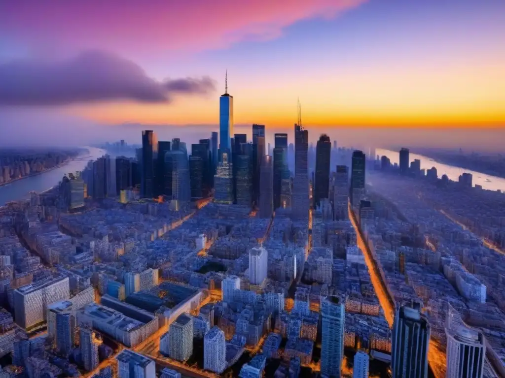Metrópolis dorada: panorama aéreo de rascacielos en la ciudad internacional Vibrante ciudad metropolitana con rascacielos reflejando el sol poniente, ideal para inversionistas inmobiliarios mercado internacional