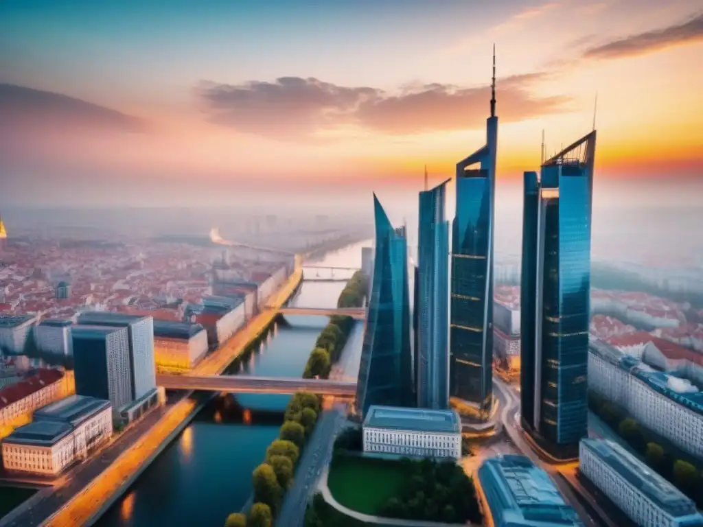 Espléndida ciudad en Europa del Este: mezcla de modernidad y historia Vibrante ciudad de Europa del Este: mezcla de rascacielos modernos y arquitectura histórica, reflejo del crecimiento del mercado inmobiliario