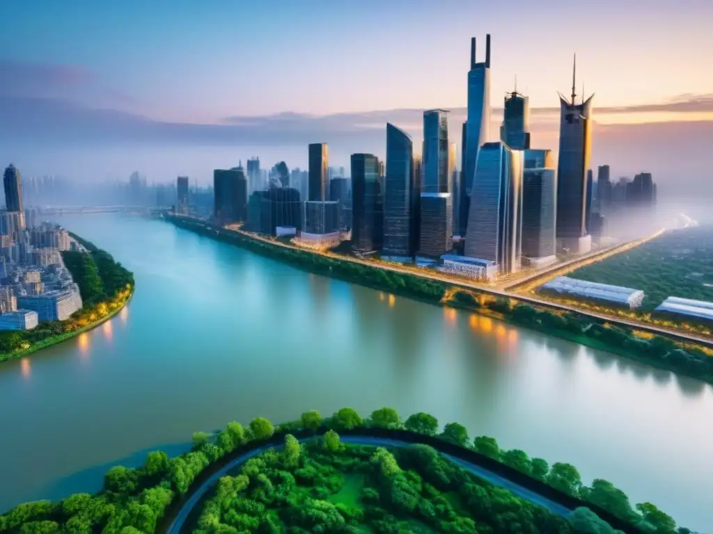 Skyline urbano vibrante al anochecer: inversión inmobiliaria Vibrante ciudad al anochecer, mezcla de rascacielos iluminados y naturaleza