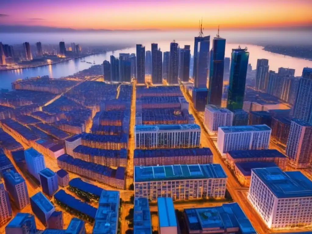 Micro mercados inmobiliarios globales en alta resolución 8K Vibrante ciudad al anochecer con micromercados inmobiliarios rentables internacionales