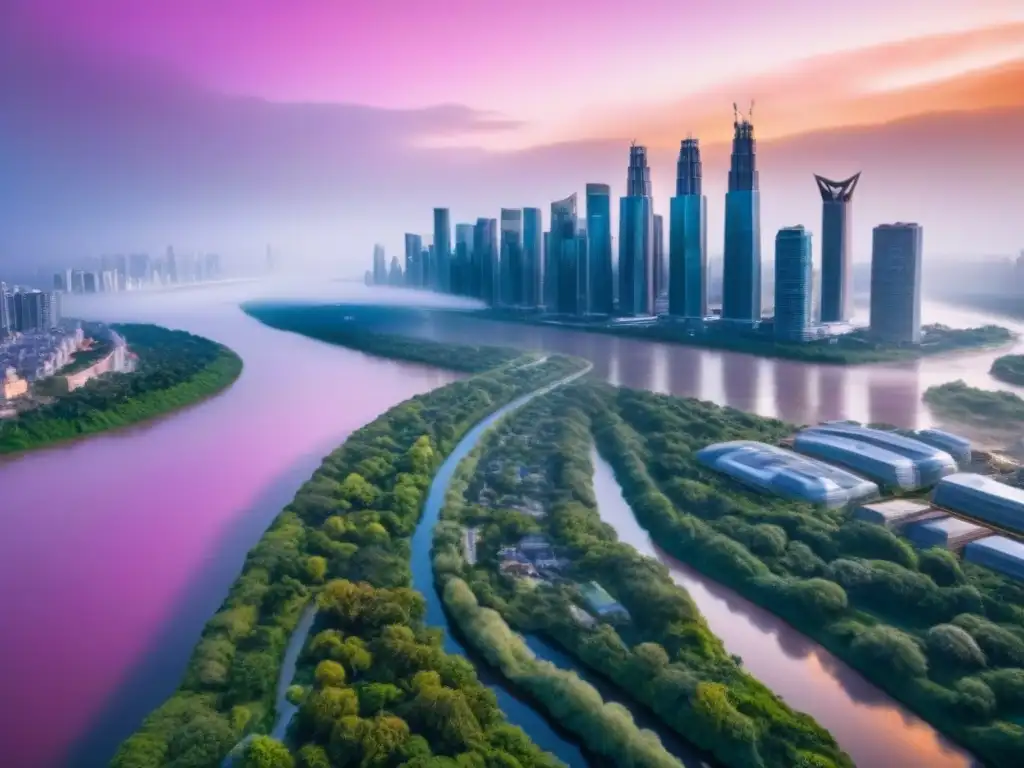 Horizonte urbano futurista: resiliencia verde postdesastres Vibrante ciudad moderna con arquitectura sostenible y resistente a desastres naturales, reflejando esperanza y resiliencia