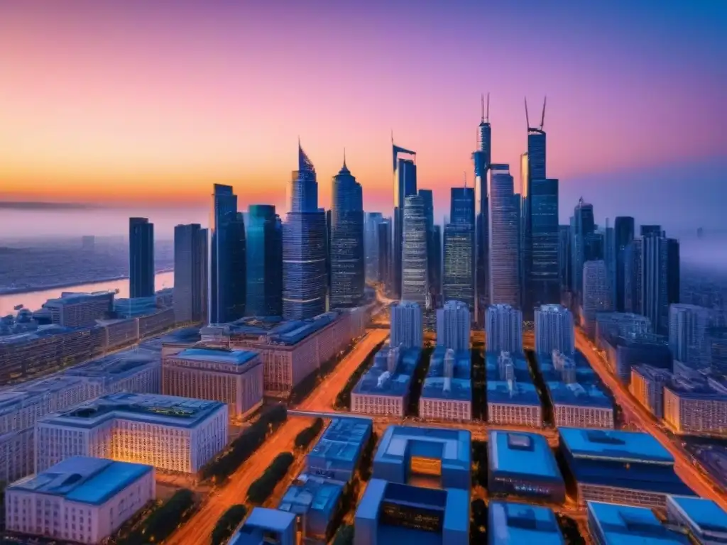 Horizonte urbano moderno al atardecer: ciudad dinámica en 8k Vibrante ciudad moderna al atardecer, con rascacielos iluminados reflejando la luz del sol