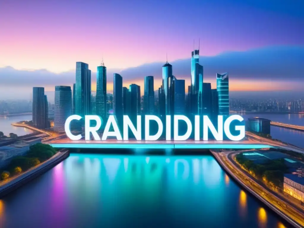 Horizonte urbano futurista: Crowdfunding Inmobiliario Vibrante ciudad moderna al atardecer con rascacielos iluminados y líneas de blockchain en crowdfunding inmobiliario