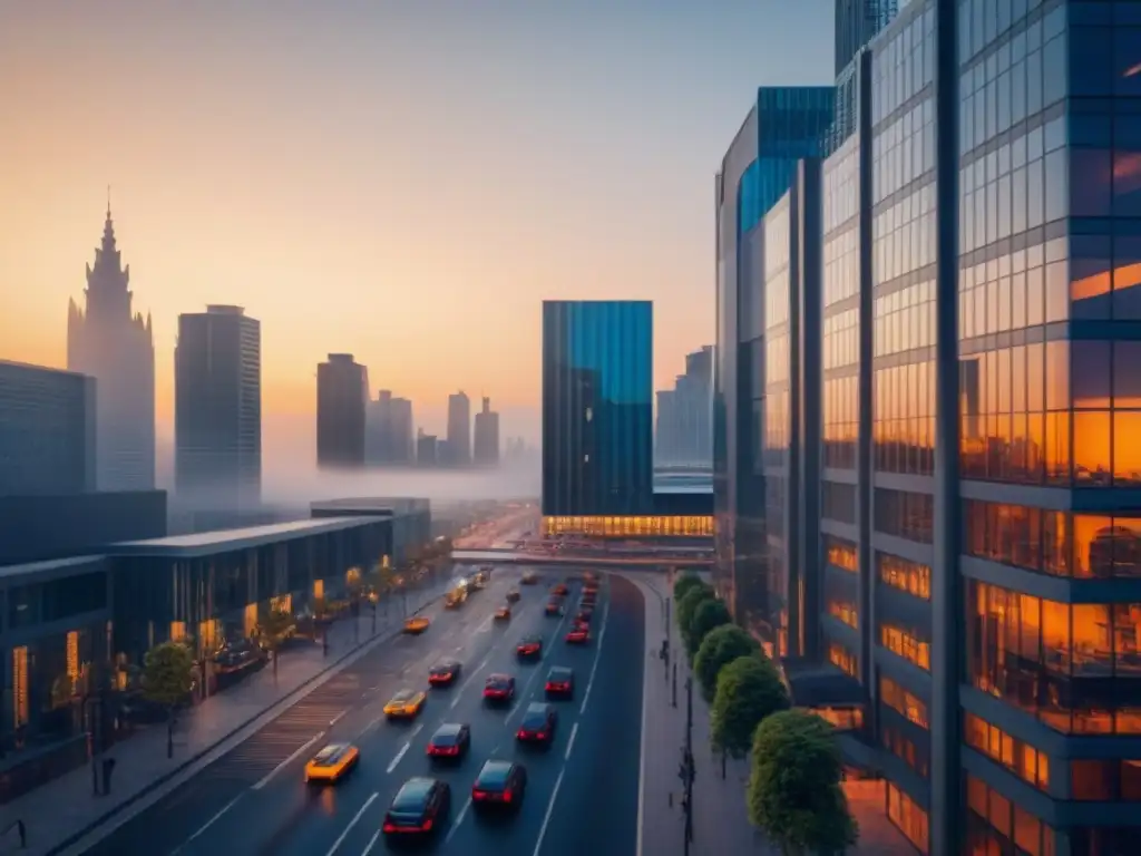 Horizonte urbano moderno y vibrante al atardecer Vibrante ciudad moderna al atardecer, con rascacielos iluminados por el sol y una sensación de oportunidad