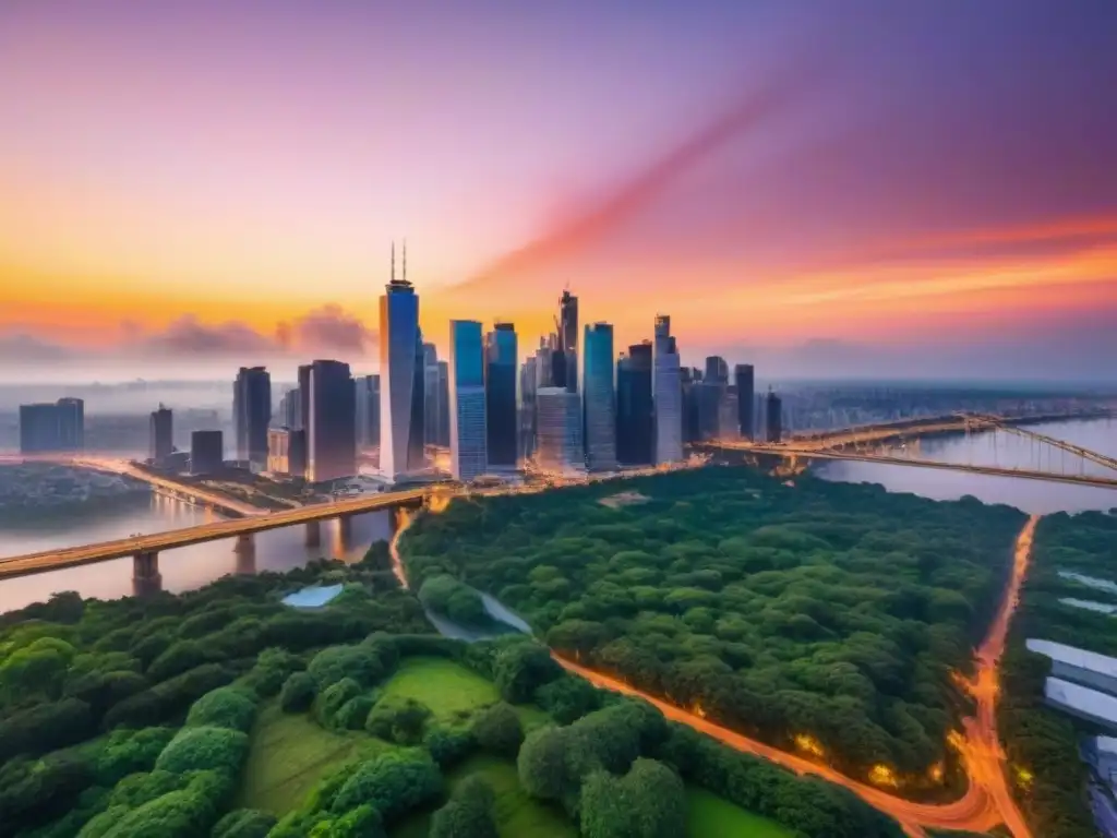 Horizonte urbano moderno iluminado al atardecer Vibrante ciudad moderna al atardecer con rascacielos iluminados y redes viales brillantes