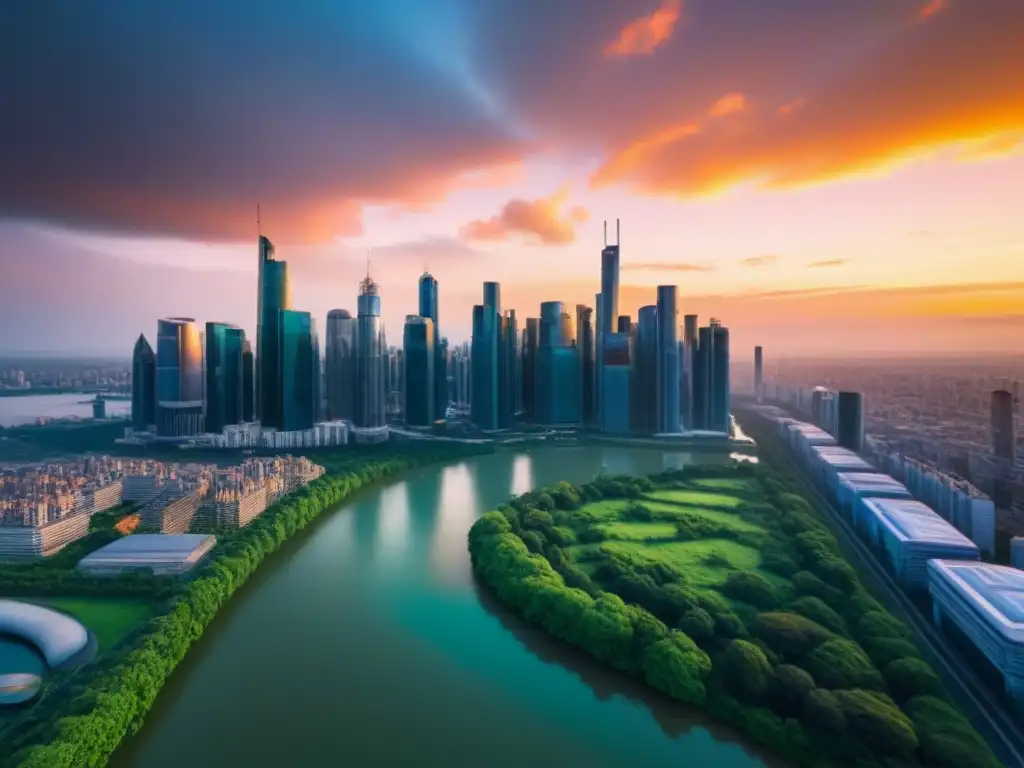 Horizonte urbano moderno: innovación y armonía en la ciudad Vibrante ciudad moderna al atardecer con rascacielos de cristal, rodeada de naturaleza