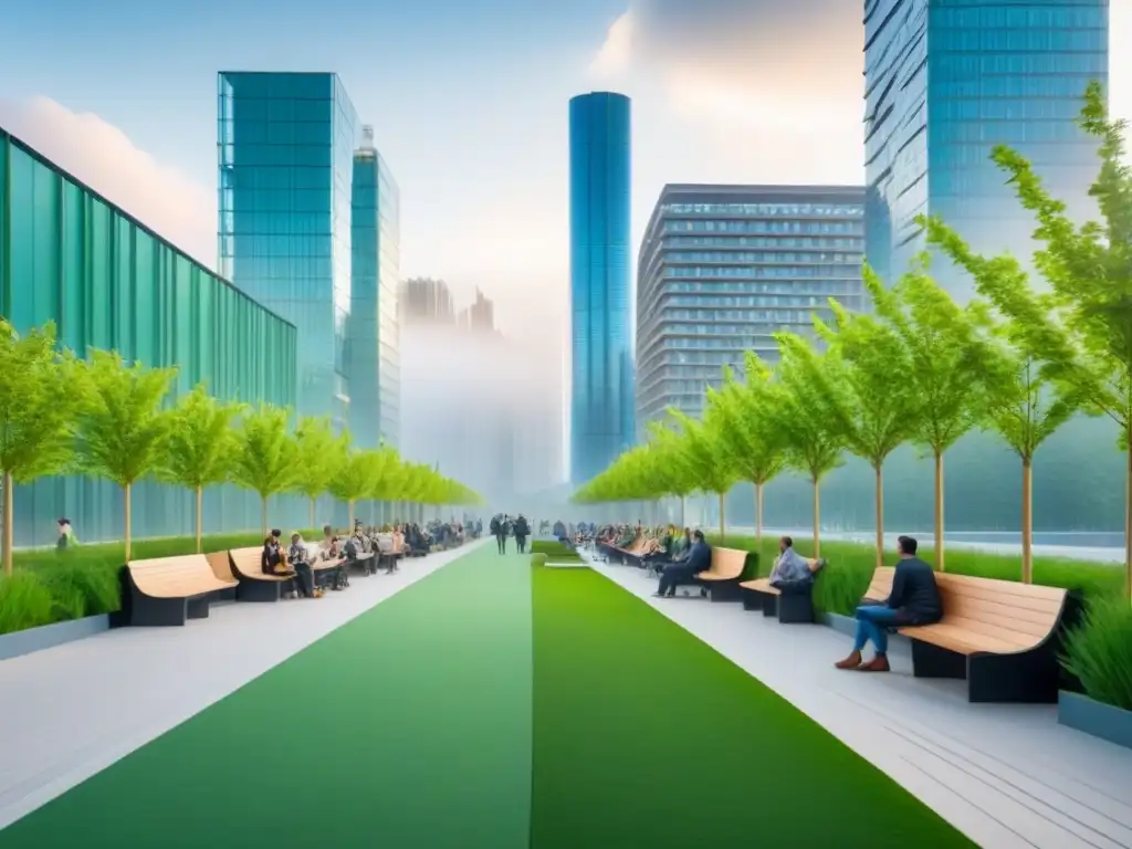 Metrópolis verde: armonía entre naturaleza y arquitectura moderna Vibrante ciudad moderna con espacios verdes integrados, mostrando beneficios espacios verdes diseños urbanos