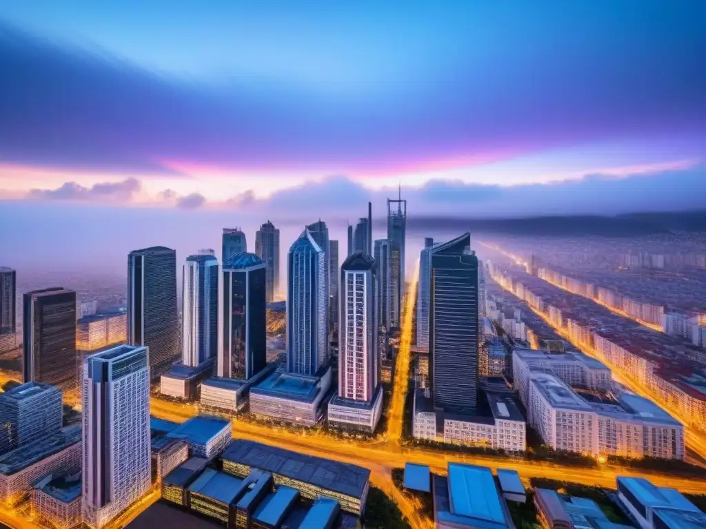 Vibrante ciudad futurista iluminada al atardecer Vibrante ciudad moderna iluminada al anochecer, reflejando sinergias postfusión en propiedades