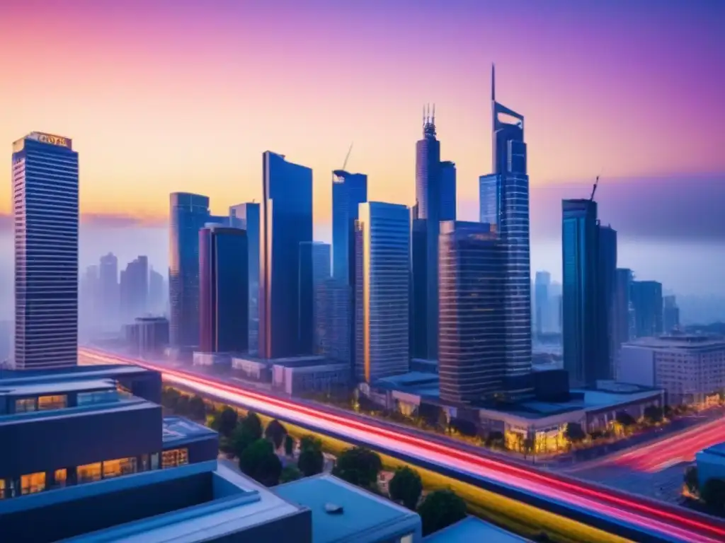 Skyline urbano moderno y vibrante: inversión inmobiliaria Vibrante ciudad moderna al anochecer, iluminada por luces neón