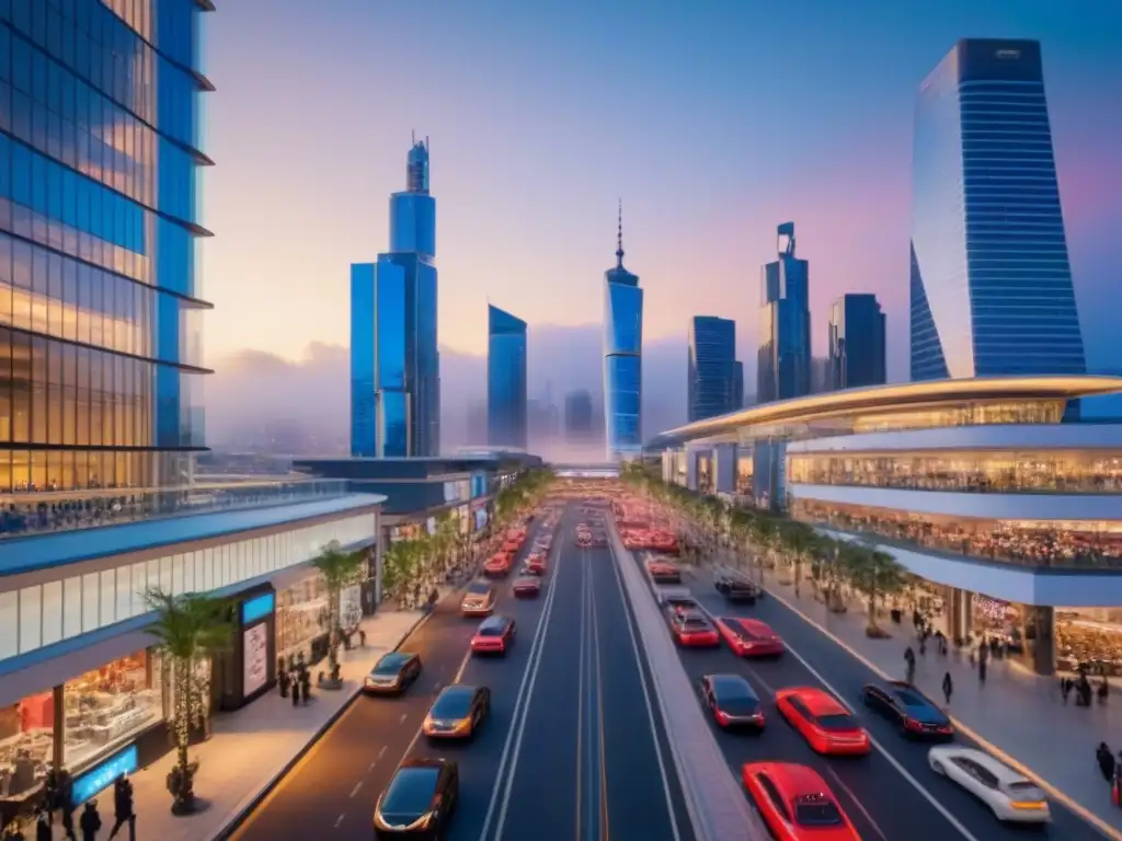 Metrópolis moderna al anochecer: luces vibrantes y vitalidad económica Vibrante ciudad moderna al anochecer con impacto de ubicación en centros comerciales y valor de inversión