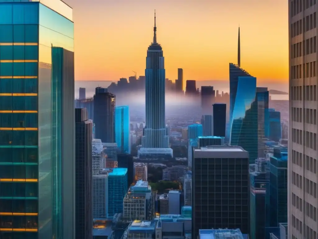 Vibrante ciudad moderna con rascacielos reflejando atardecer dorado, reflejando mercado inmobiliario